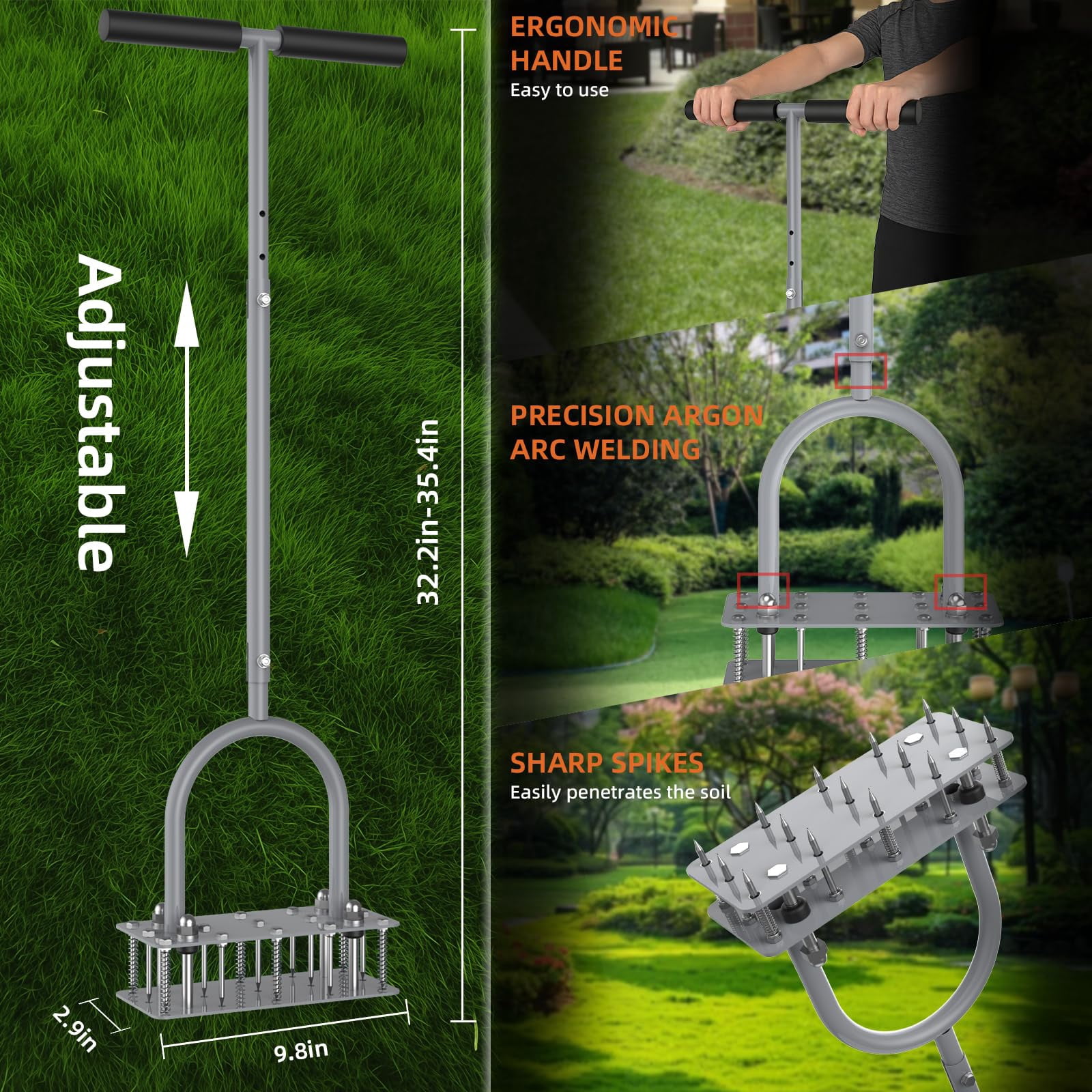 Manual Lawn Aerator Tool With 15 Spikes  32"-35" Adjustable T-handle For Automatic Dirt Ejection Design Heavy Duty Yard Grass Soil Compaction Gray