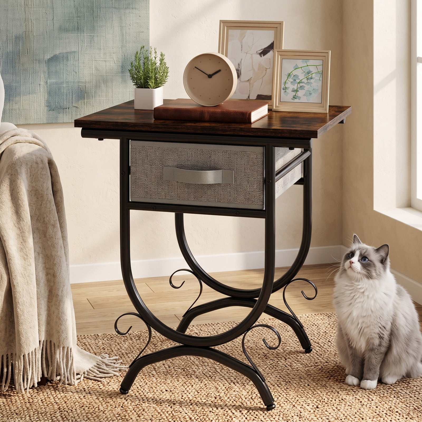 Furnibear Side Table with Fabric Drawer and Carved Metal Frame Nightstand for the Living Room and Bedroom, Black and Gray