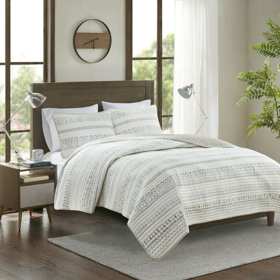 3-Piece Taupe/Blue Seersucker Quilt Set - Full/Queen Reversible Microfiber Bedding with Antimicrobial Protection