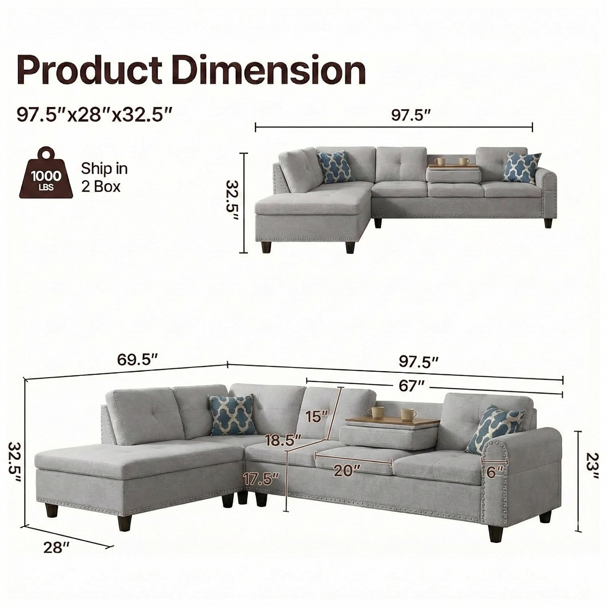 AENKYO 98" L-Shaped Upholstered Sectional Sofa Couch with Storage & Cup Holders, Faux Leather Living Room Sofa Set, Light Gray