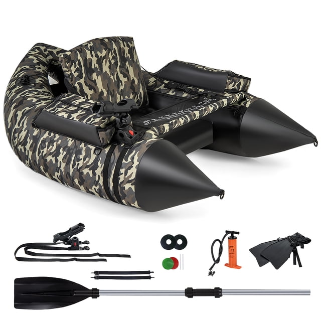 Gymax Inflatable Float Tube w/ Flippers Fish Ruler Rod Holder Storage Pockets Pump