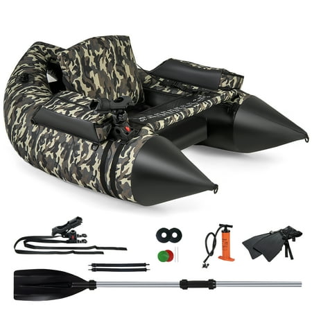 Gymax Inflatable Float Tube w/ Flippers Fish Ruler Rod Holder Storage Pockets Pump