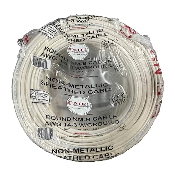 14/3 Grounded NM-B Cable - 250ft Coil - White Building Wire - 14 AWG 3-Conductor with Ground - Solid Copper for Electrical Wiring