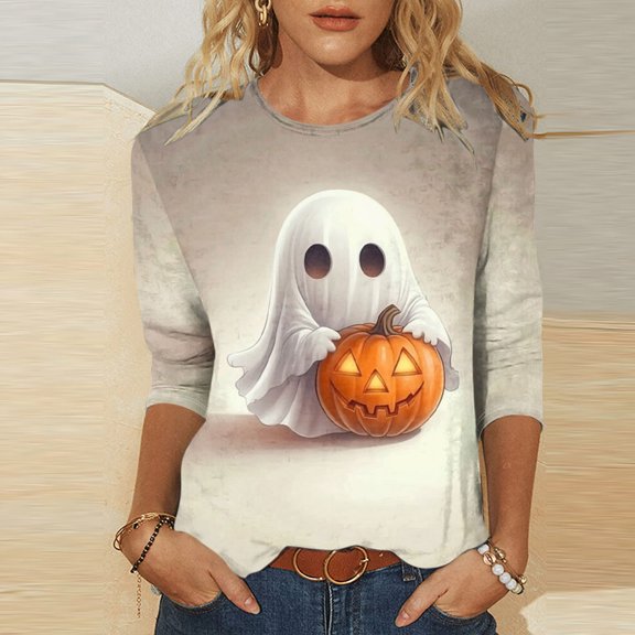 HOMBOM Womens Cute T Shirts Crewneck Lightweight Ghost Print Halloween Basic Graphic Womens 3/4 Sleeve Pullover Summer Shirts,3XL