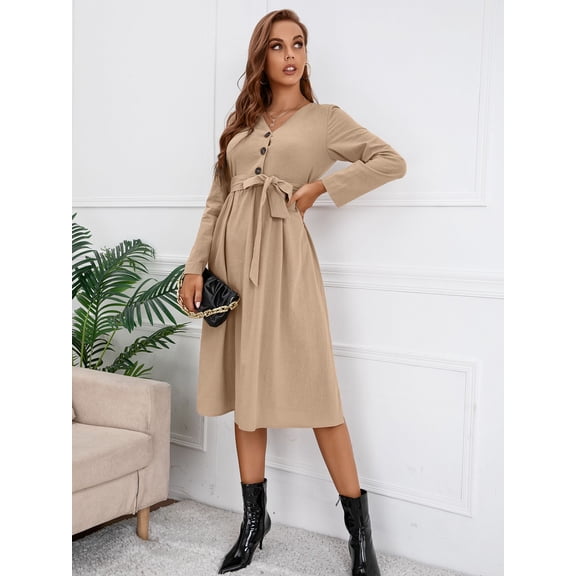 Solid Color V Neck Tie Waist Belted Dress for Women Knee Length
