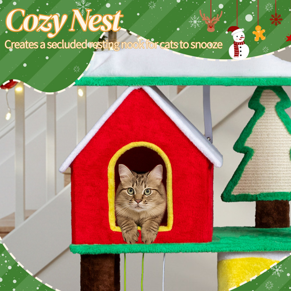 56in Christmas Cat Tree with 3 Condos & Crown Perch - Multi-Level Cat Tower with Sisal Ramps for Indoor Cats, Holiday Decor