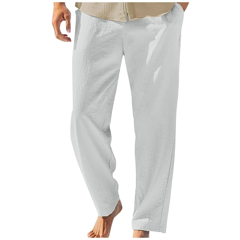 QWANG Men's Casual Fashion Solid Color Cotton Linen Pants Comfortable Breathable  Trousers 