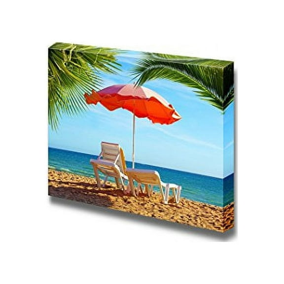 Beautiful Scenery Landscape Beach Chair and Umbrella with Palm Trees on The Beach Vacation Resort Concept - Canvas Art Wall Art - 32" x 48"