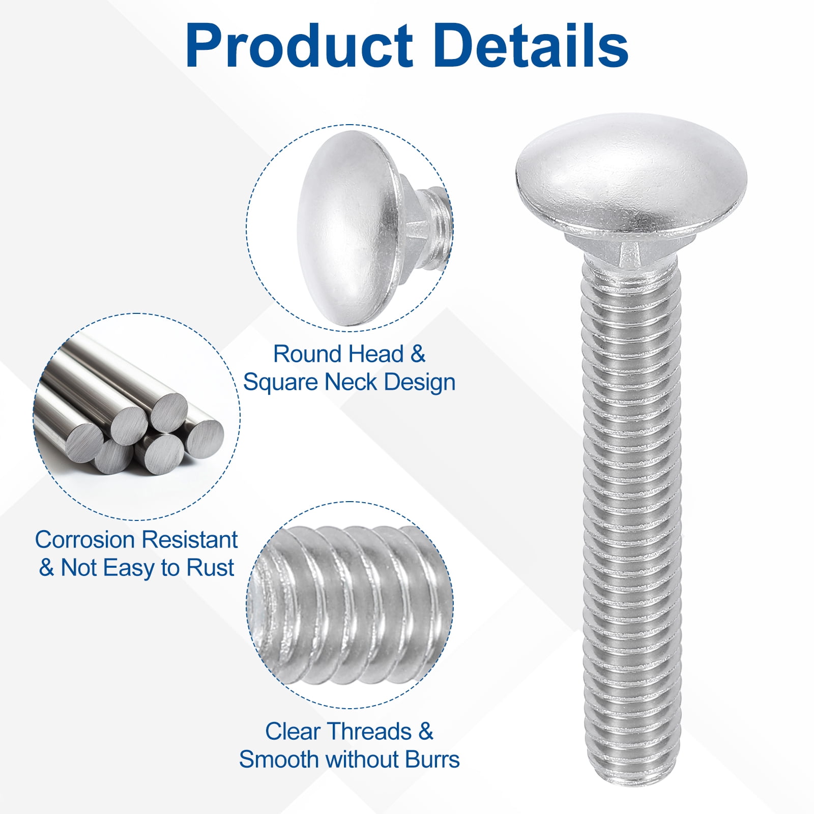 Uxcell 25Pack 5/16"-18x2-3/4" Stainless Steel Carriage Bolts Round Head Square Neck, Silver