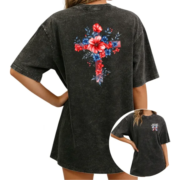 UNISHE Women's Red Blue Floral Cross Graphic Vintage Washed T-Shirt Short Sleeve Oversized Fit