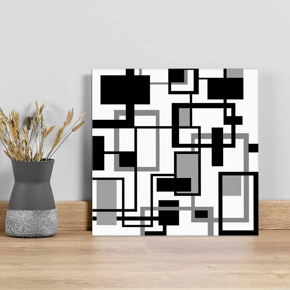 Geometric Black Canvas Wall Art, White and Gray Line Framed Wall Decor Modern Artwork Prints Painting for Living Room, Bedroom, Kitchen & Cafe Decor 16x16 Inch