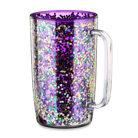 Mardi Gras Plastic Glitter Double Wall Glass Mug, Purple, Party Favors, Way to Celebrate