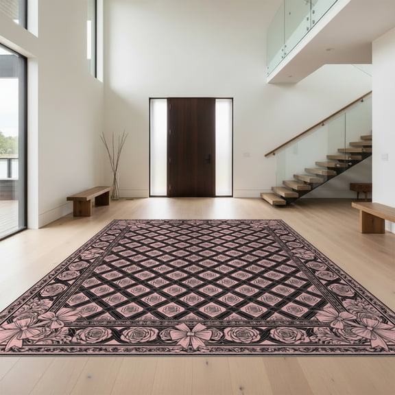 Design&I 8'x10' Washable Area Rug Sleek Flatweave Pet Friendly Vintage Rosette Border Ribbon Lattice Delicate Pink Coquette Refined Structured for King Size Bedroom, Under Bed