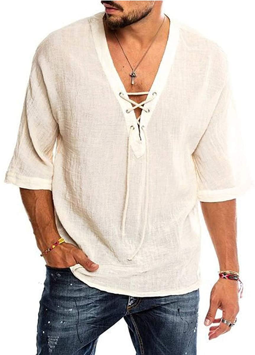 Summer Men Faux Linen Long Sleeve V-Neck Button Casual T-Shirt Loose Tops Blouse