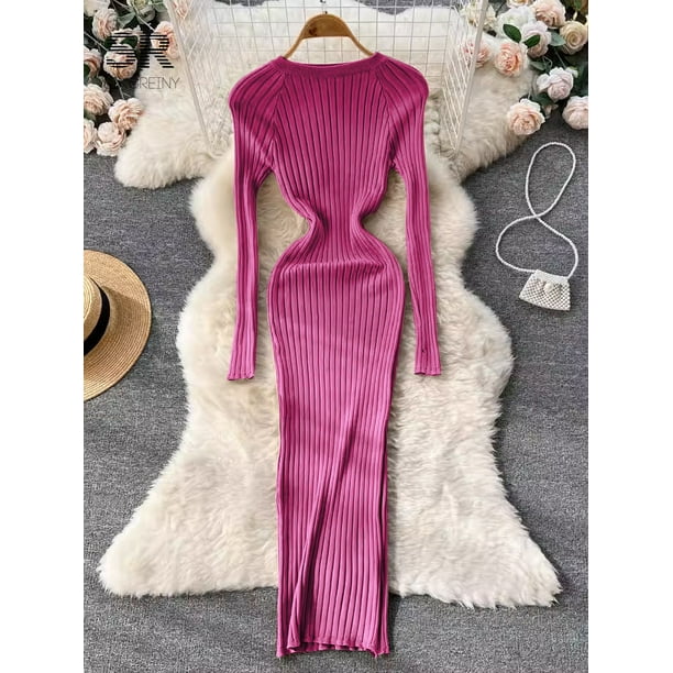 SINGREINY-maxivestido de punto para mujer, vestido largo de invierno con cuello redondo, manga larga, ajustado, liso, Harajuku, moda para mujer, suéter tipo lápiz, vestidos largos