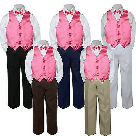 4pc Coral Pink Red Vest Bow Tie Suit Pants Set Baby Boy Toddler Kid Uniform S-7