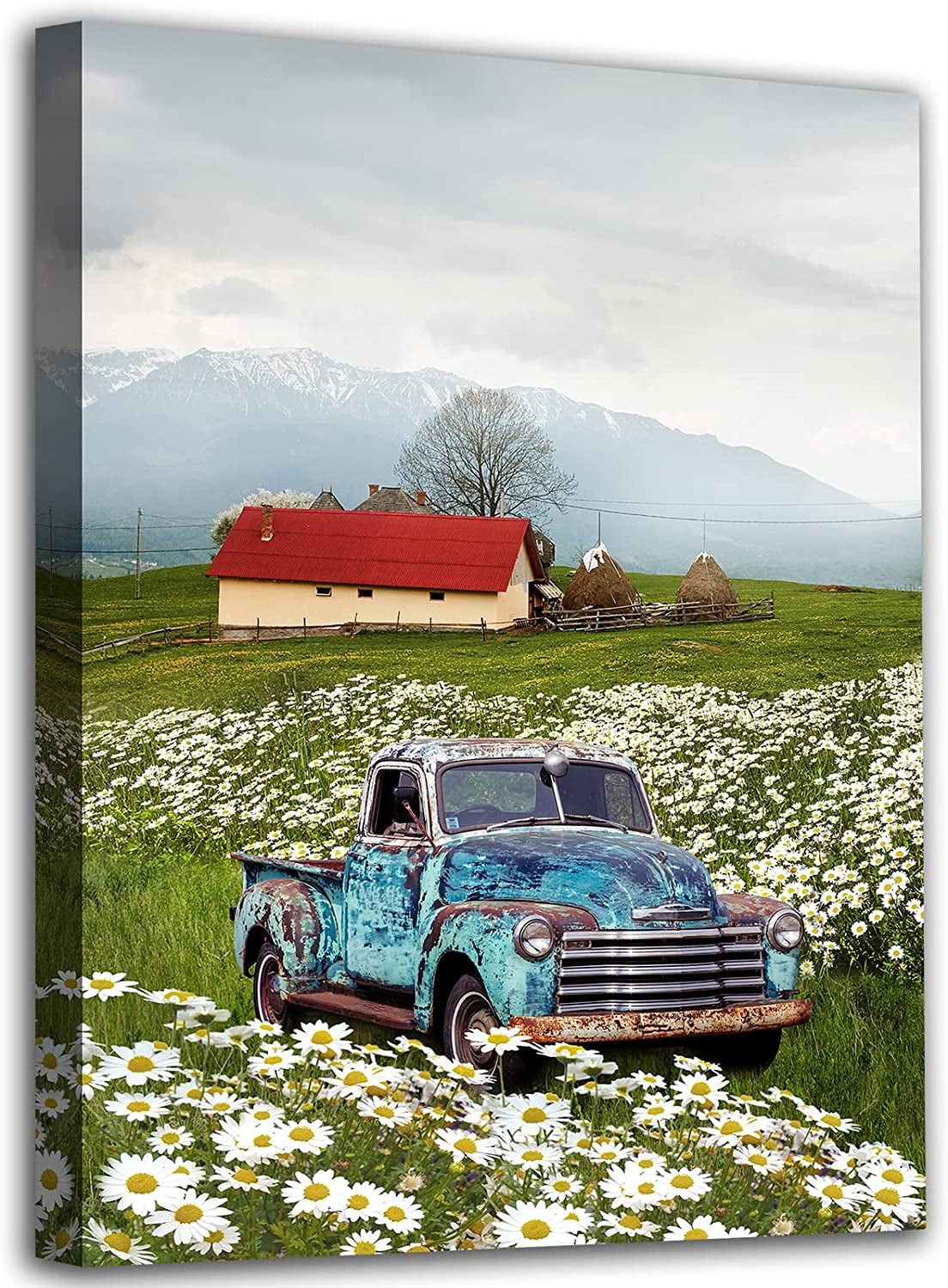 Farmhouse Canvas Wall Art Red Barn Pictures Blue Truck Daisy Flowers