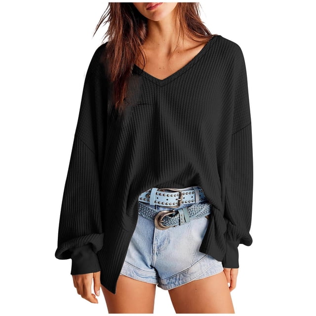 MeetoTime Women's Long Sleeve Tops Fall Casual Textured V-Neck Oversized Pullover Sweatshirt