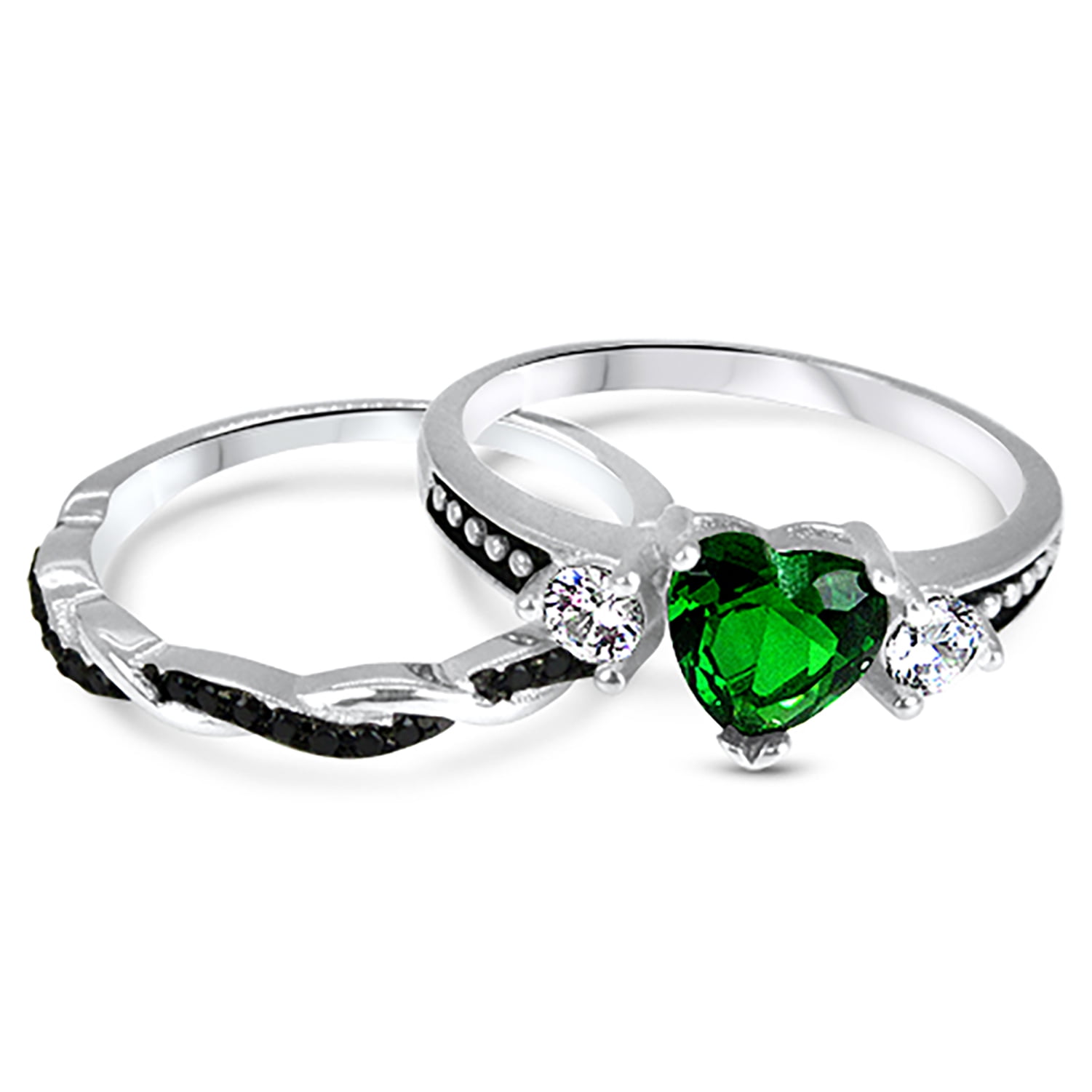 LaRaso & Co 1 Carat Heart Cut Green Emerald CZ Wedding Engagement Ring Set for Women Size 7