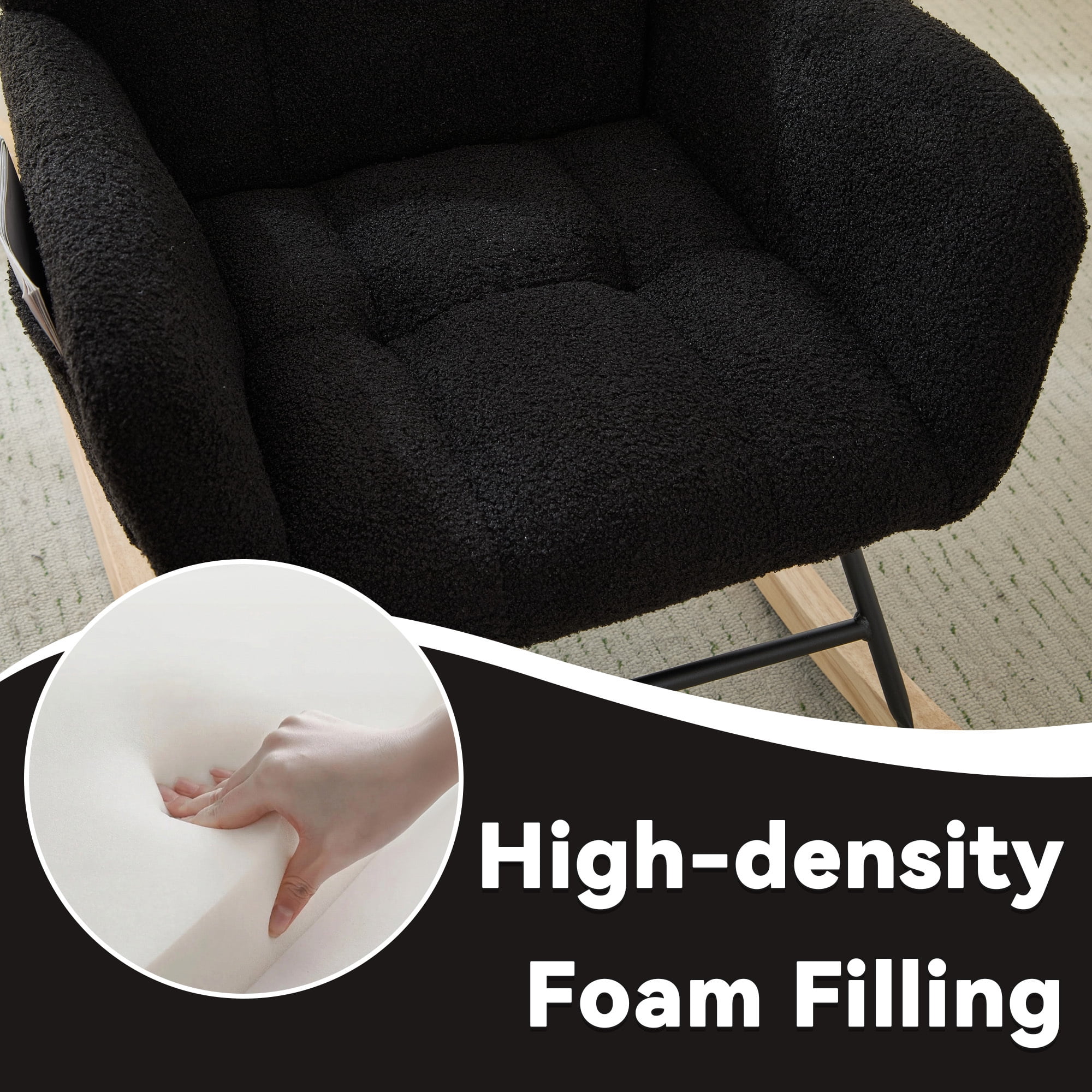 Leumius Nursery Rocking Chair with Footrest,Teddy Fabric Upholstered Glider Rocker Chair with High Backrest,Side Storage Pocket & Solid Wood Legs,Comfy Accent Chair for Living Room Bedroom,Black
