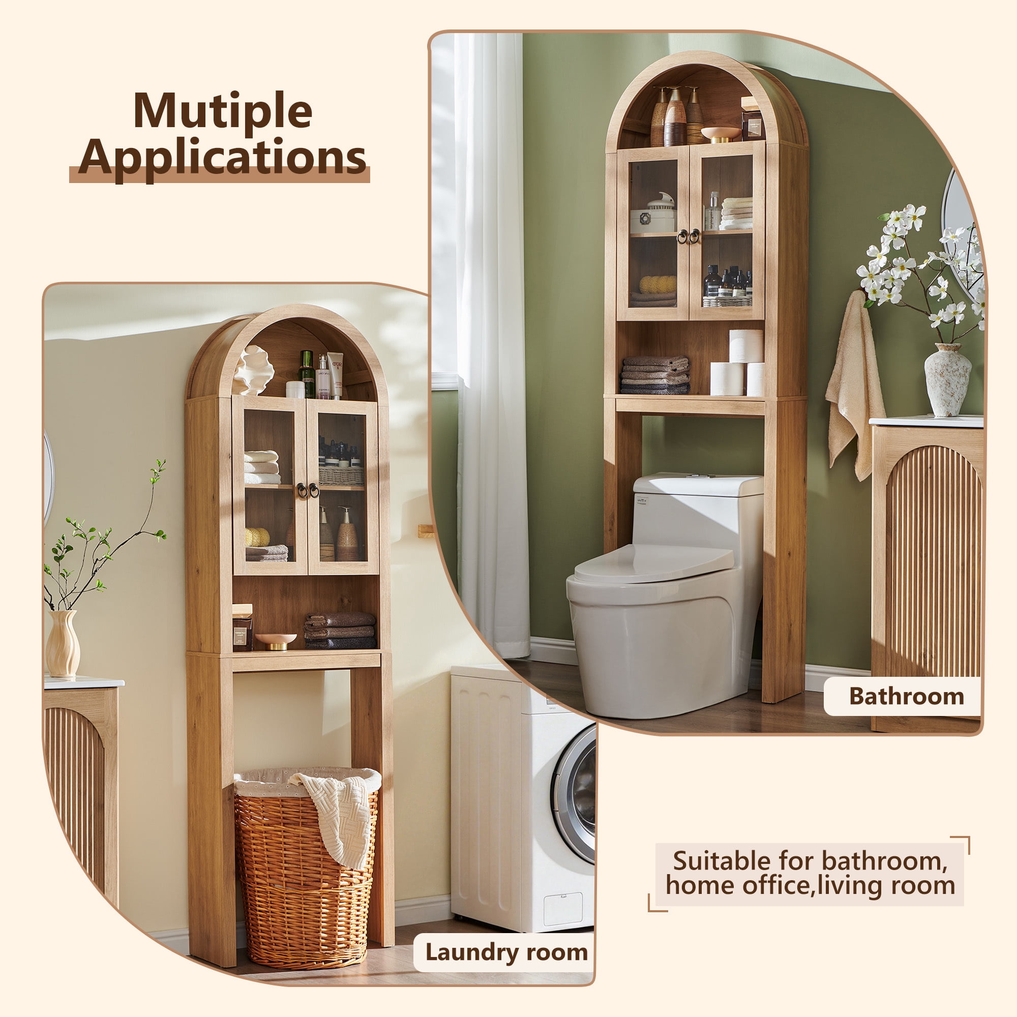 SinCiDo Arched Over The Toilet Storage Cabinet, Modern Bathroom Shelf Over Toilet with Acrylic Doors, Wooden Bathroom Space Saver Organizer above Toilet with Adjustable Shelf