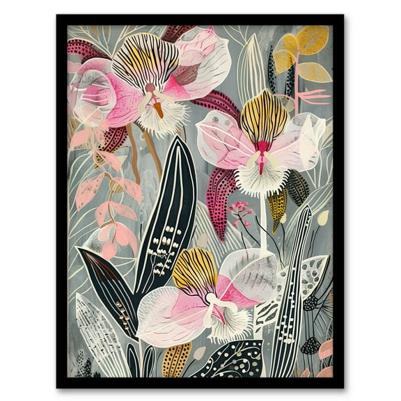 Artery8 Bold Stylised Orchid Flowers Hot Pink Contrast Living Room Art Print Framed Poster Wall Decor 12x16 inch
