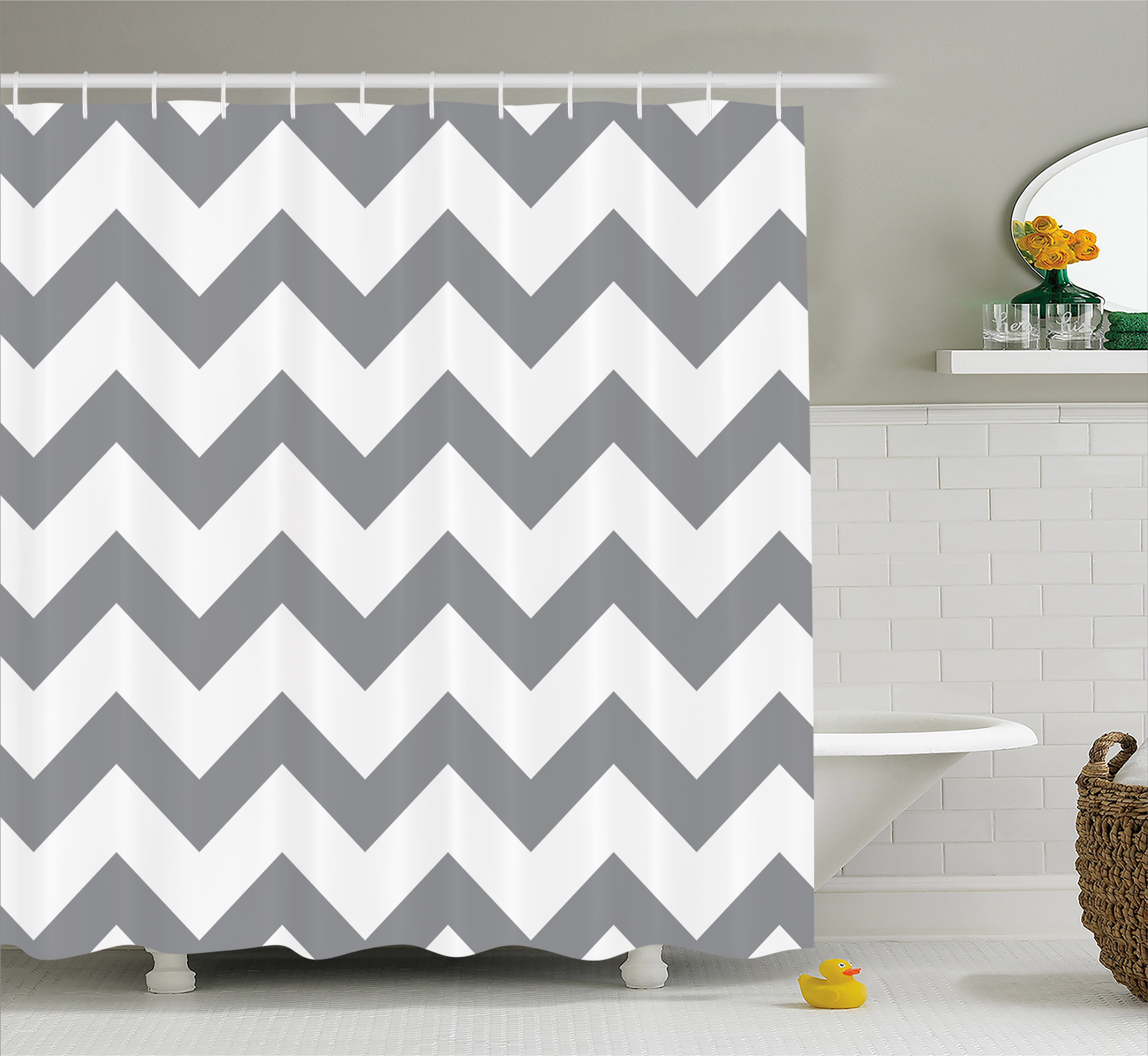 Grey Shower Curtain, Grey and White Chevron Pattern Classic Geometrical