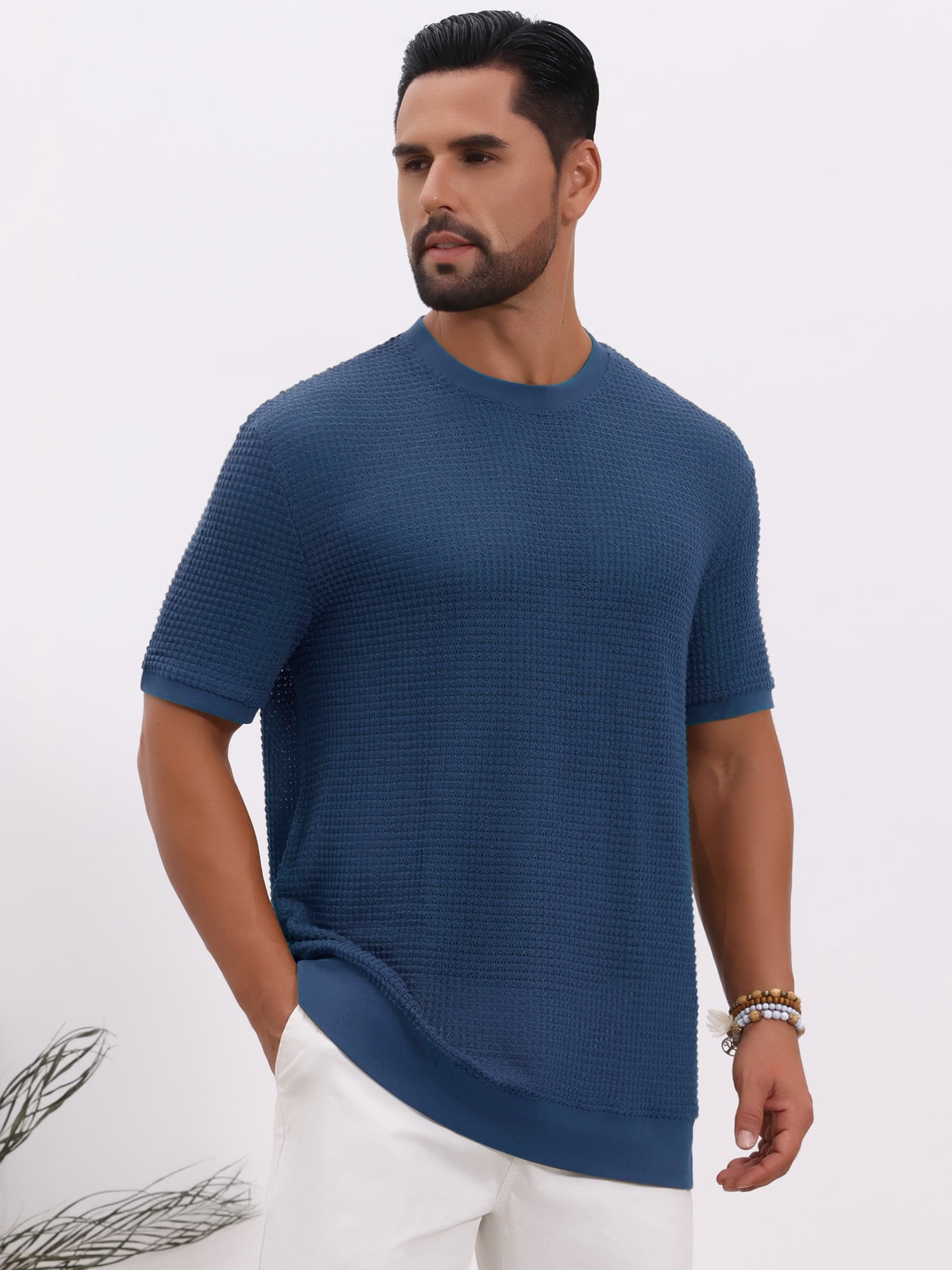 DARING DIVA Men's Waffle Short Sleeve Crew Neck Solid Knitted T-Shirt S Dark Blue