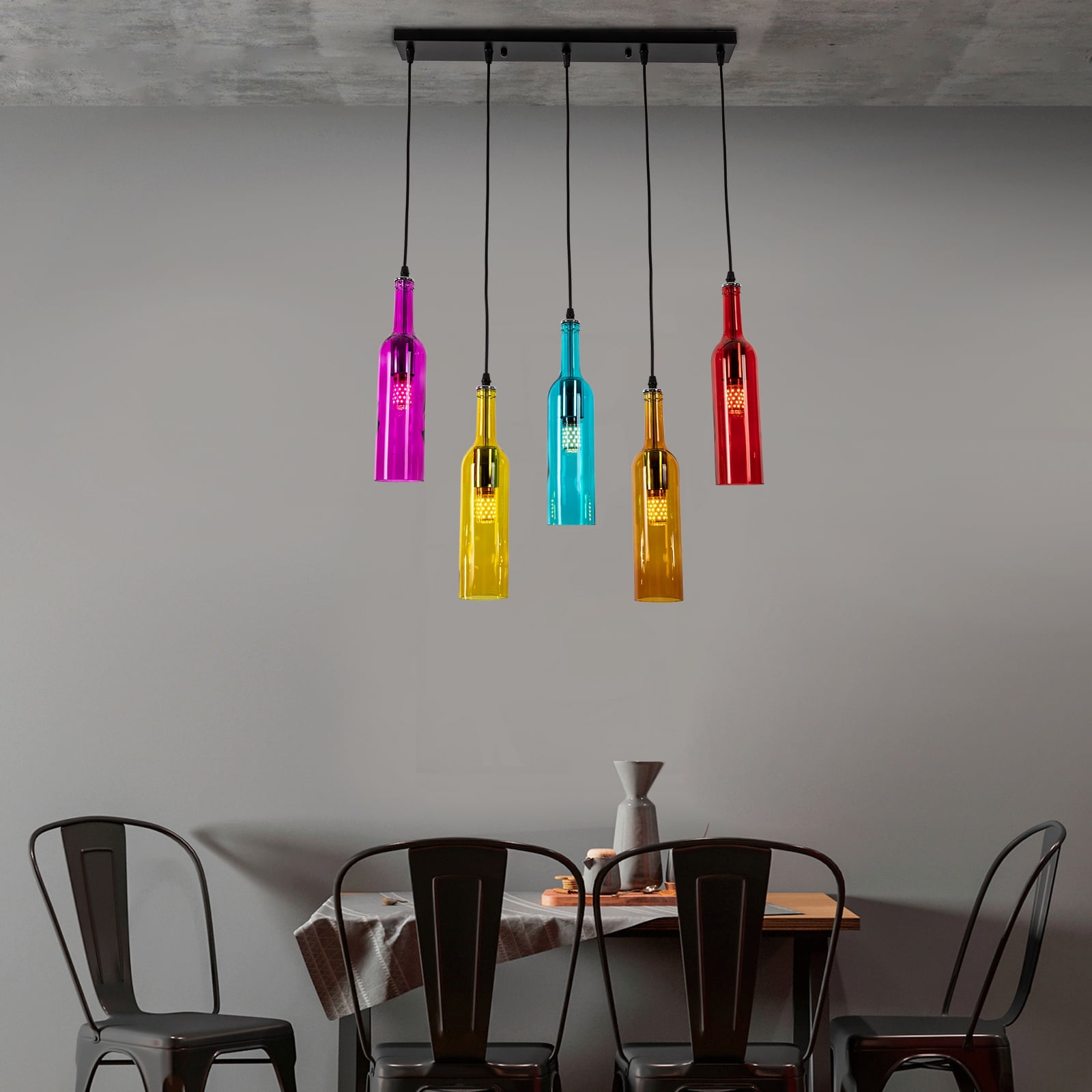5-Light Kitchen Island Linear Pendant Light with Glass Colored Shade, Modern Wine Bottle Chandelier, Adjustable Height