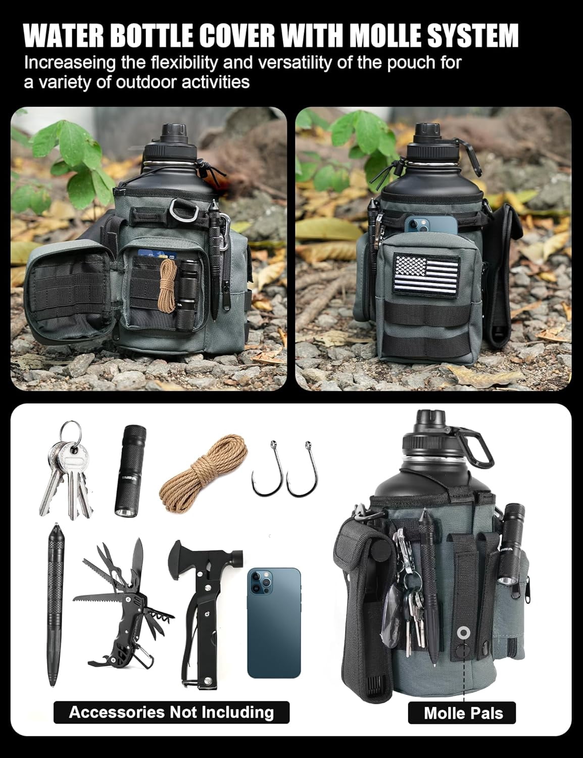 Tactical Half Gallon Water Bottle with Straw, 64 oz Insulated Water Jug with Molle Sleeve, Stainless Steel Sport Battle Bottle with 3 BPA Free Lids for Gym Workout Hiking (Gray)