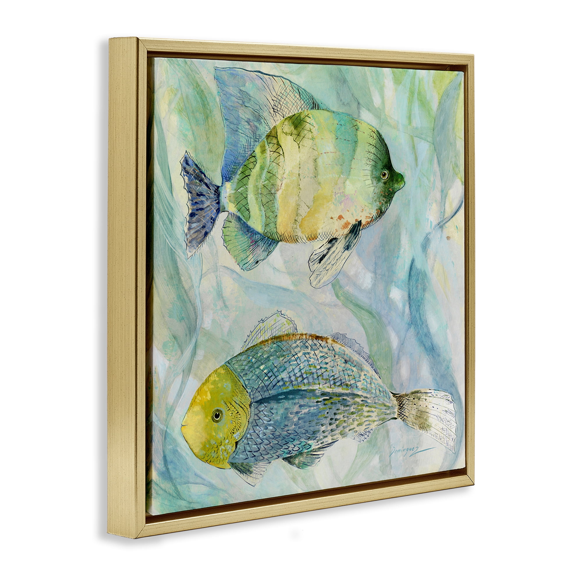 Stupell Industries Sweet Fish Duo Blue Green Gold Framed Floater Canvas Wall Art, design by Lorenzo Collective
