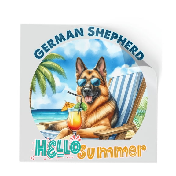 German Shepherd Hello Summer Beach Theme with Sunglasses and Tropical Cocktail Cutout Transfer Sticker Alsatian Dog Lover Gifts Transparent Decal Art Decor - 00009
