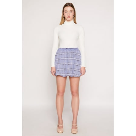 Rainbow Female Adult Plaid High Waisted Bubble Skirt skater High Waisted  Mini Length  Skater Skirt or Circle Skirt  Plaid Pattern  Paper Bag Waist