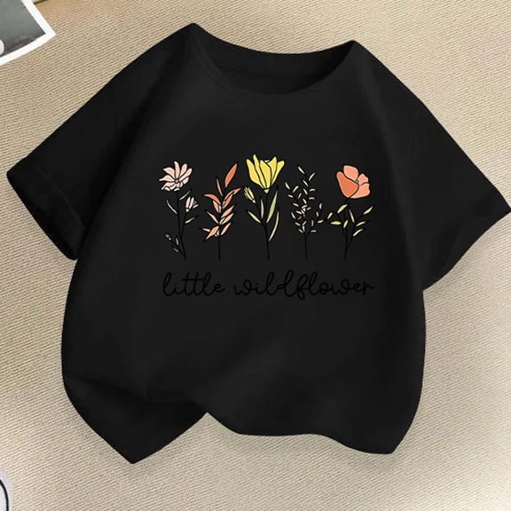 Babcutegg Cute Floral Print Short Sleeve T-Shirt With Wildflower Design, Soft Cotton Blend, Classic Crew Neck And Lightweight Fit For Warm Weather Black Size 5
