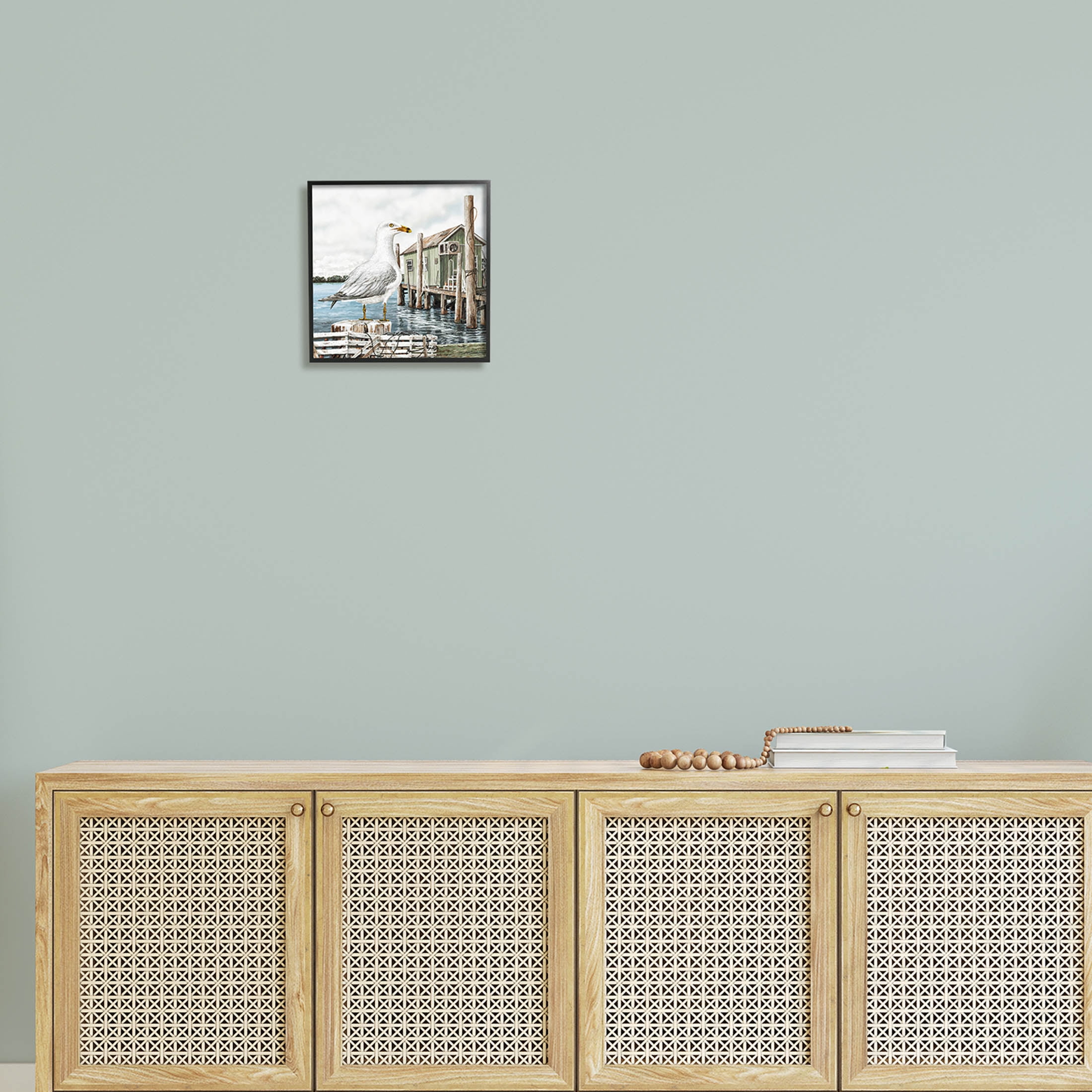 Coastal Seagull Perched Dock Marina Animals & Insects Painting Black Framed Art Print Wall Art