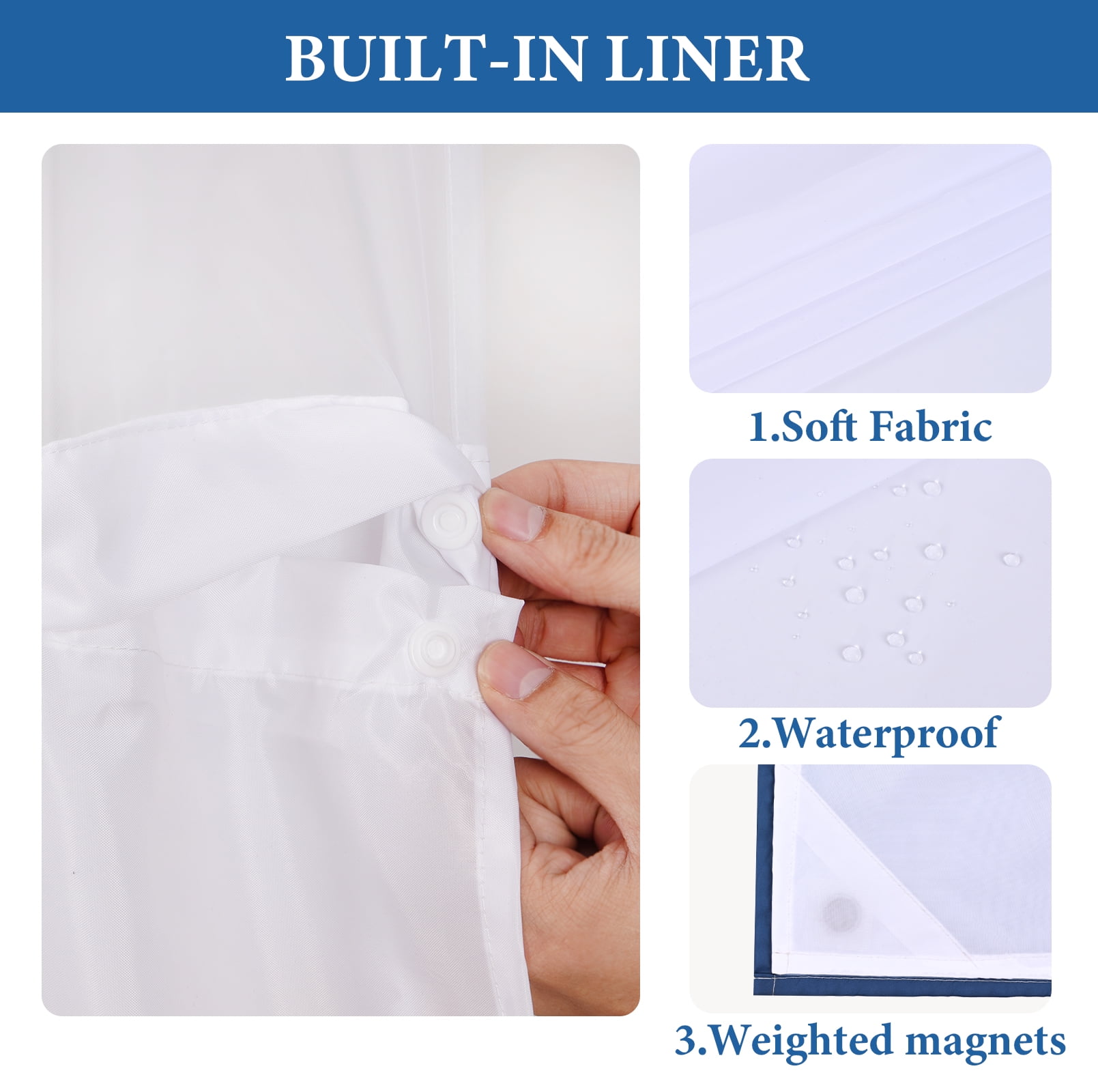 Ikfashoni Blue Ombre Hookless Shower Curtain with Snap in Liner, Waterproof Fabric Mesh Window Bath Curtain, 71"X74"