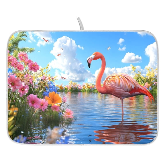 Ryvnso Flamingo Flower River Dish Drying Mat for Kitchen Countertop 16x18 Small Dish Pad Drainer Rack Dish Sink Mats