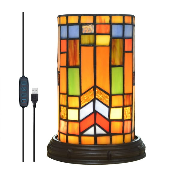 FSLiving Tiffany Style Accent Lamp Table Lamp Stained Glass USB-Powered Cord Yellow Diamond Desk Light with Color Changing Vintage Antique Light Decor Nightstand Dimming Up Light for Gift