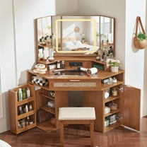 Modern Rattan Corner Vanity Desk, 46" Corner Makeup Vanity Desk with Smart Mirror and Lights, Oak Vanity Desk with Charging Station and 1 Drawer, Stool & Shelves for Bedroom, Tea Brown