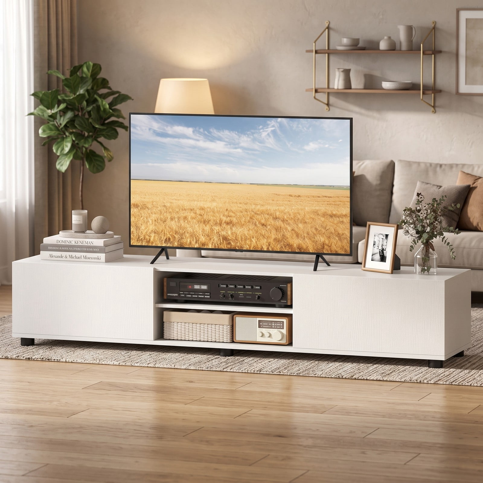 Furnibear Modern TV Stand for TVs up to 70 Inch, Minimalist Entertainment Center Media Console with 2 Doors and Open Shelves, Engineered Wood Storage Cabinet, White