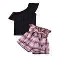 thumbnail image 2 of Douhoow 2-7Y Girls Summer Clothes Set Black Ruffle One Shoulder T-shirt High Waist Plaid Shorts, 2 of 8
