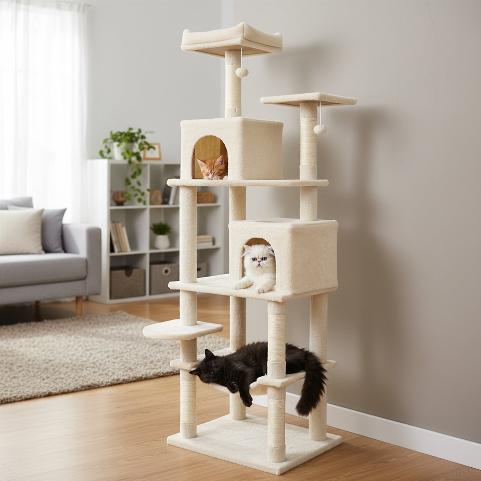 Costway 70” Cat Tree for Indoor Cats with Padded Top Perch, Dual Condos, Hammock, Platforms Beige