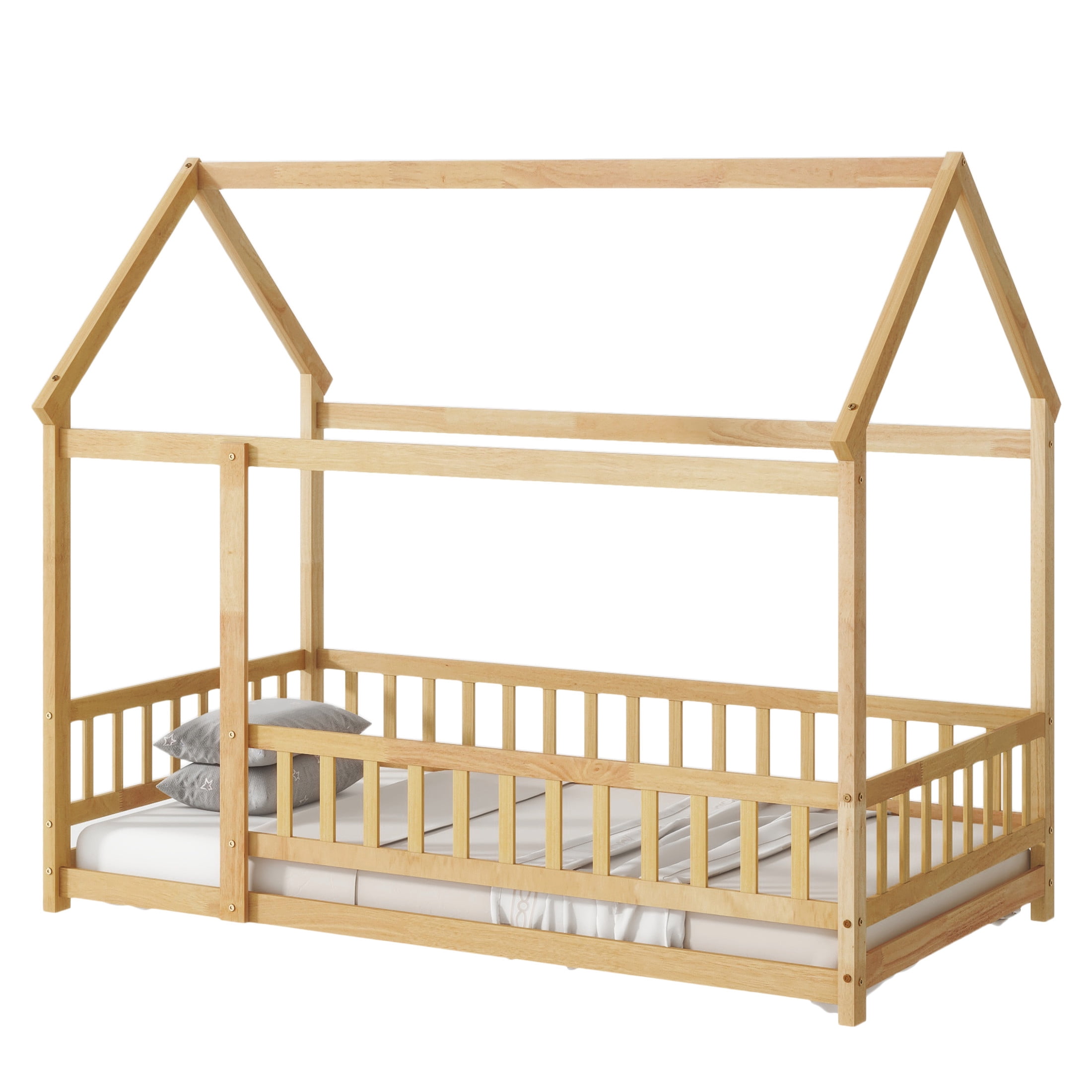Noble House Travis Twin House Floor Bed with Roof Frame and Safety Fence, Sturdy Wood Montessori Bed, Natural