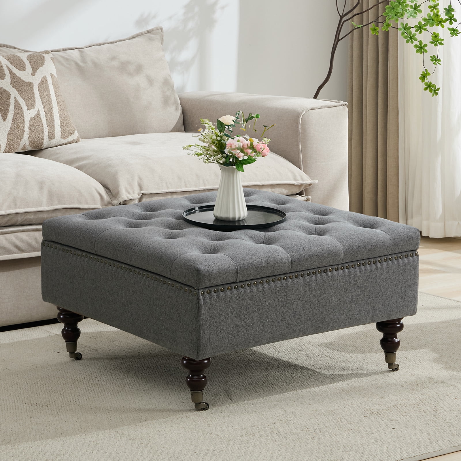 BRILHAMEZ Storage Ottoman Bench, Tufted Upholstered Seat with Hidden Storage, Multi-Functional Coffee Table and Foot Rest for Living Room, Gray