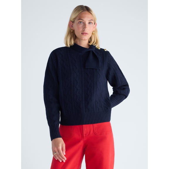 Free Assembly Women’s Tie Neck Cable Knit Sweater, Midweight, Sizes XS-XXL