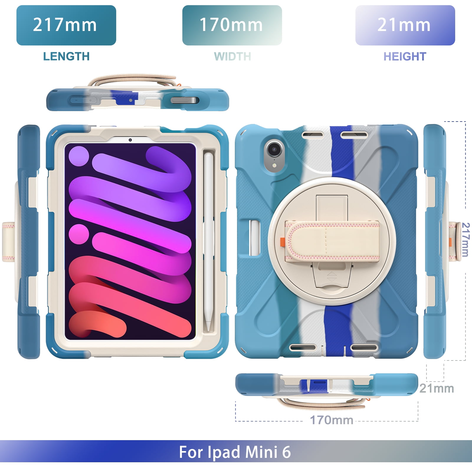 Rugged Case for 2021 Apple iPad Mini 8.3-Inch (6th Generation 2021 Release) - Rotating Stand Case with Hand Strap /Adjustable Shoulder Strap /Pencil Holder, Shockproof Protective Cover (Rainbow Blue)