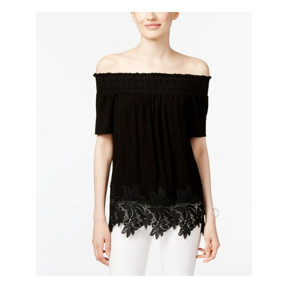 INC Womens Black Lace Short Sleeve Off Shoulder Top Size: S