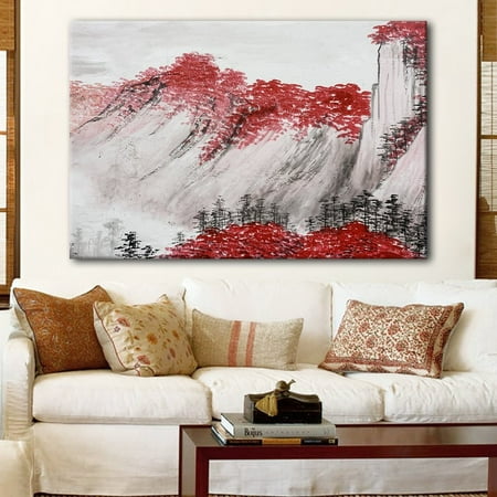 Four Seasons Paintings - wall26 Canvas Wall Art - Chinese Ink Painting Style Red Mountains with Red Trees During Fall Season - Giclee Print Gallery Wrap Modern Home Decor Ready to Hang - 16x24 inches