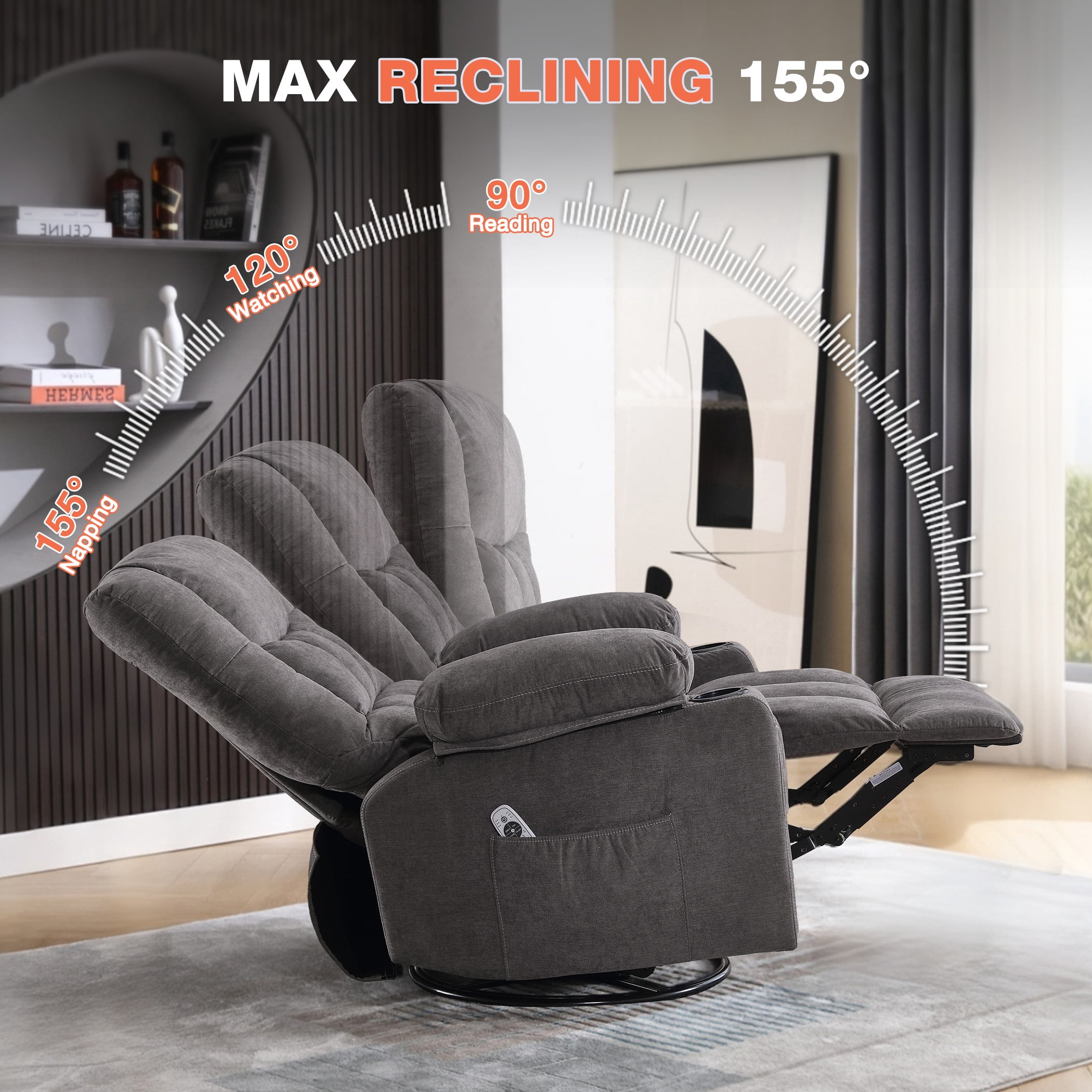 Oversized Massage Recliner Chair for Elderly,Modern Living Room Electric Rocking & Reclining Chairs with with Heat, 8-Point Vibration,USB Charger and Cup Holders, Plush Velvet Single Sofa, Grey