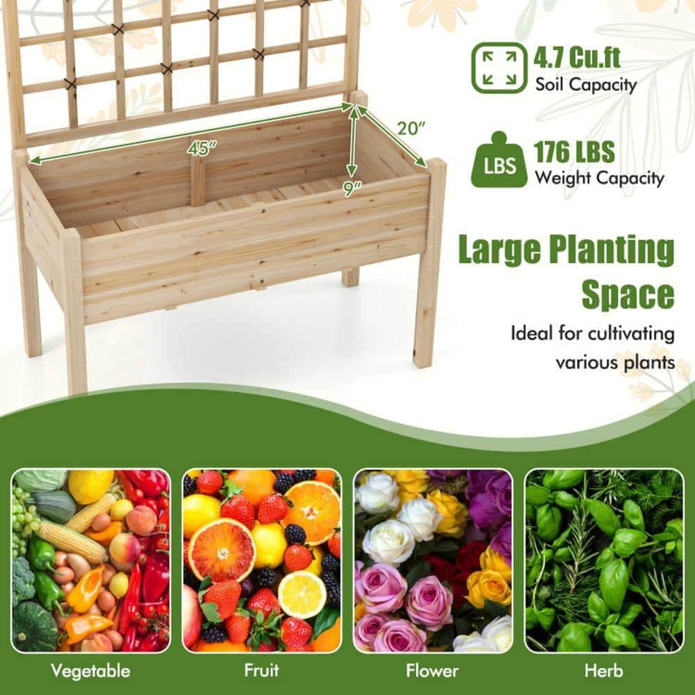 Yardi Yarda Raised Garden Bed with Lattice Trellis and Drainage Holes Elevated, Garden Bed for Outdoor as Yard, Natural